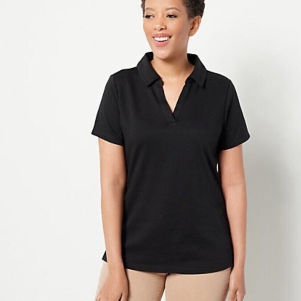 NWT ISAAC MIZRAHI SHORT SLEEVE PIMA COTTON POLO TOP‎ JET BLACK XXS